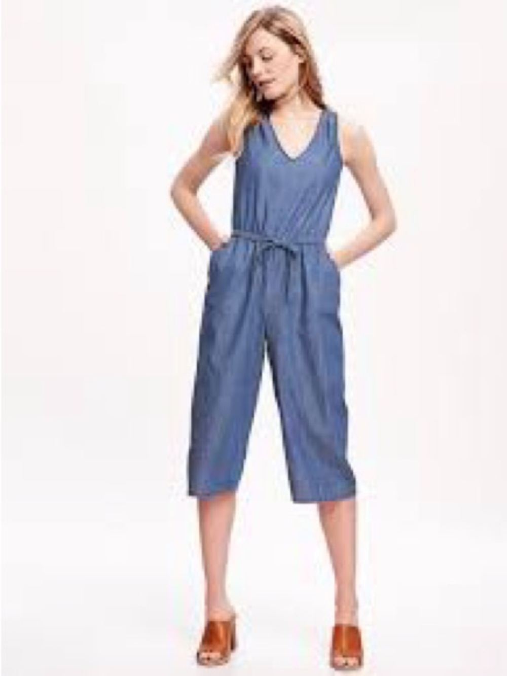 Gap V Neck Indigo Blue Wide Leg Cotton Jumpsuit Size: CS